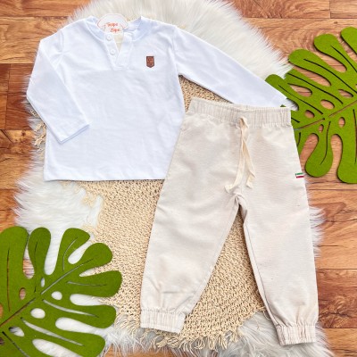 Conj. Camisa Manga Longa Gola Esportiva e Calça em Linho - Branco e Areia